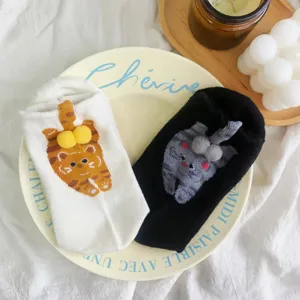 Cute 3D cat design mid-calf socks with fuzzy balls, funny and cozy cotton casual hosiery for daily wear.