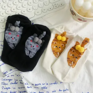 Cute 3D cat socks with fluffy balls, funny design mid-tube cotton socks for women summer.