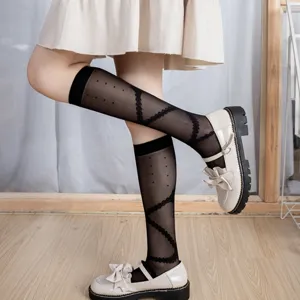 Black Sheer Knee High Socks Women Cute Polka Dot Jacquard JK Uniform Calf Hosiery Sweet Dark Style