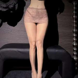 Women's sheer glossy pantyhose sexy lace mini skirt summer thin translucent hosiery.