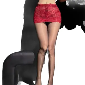 Women sexy red lace mini skirt shiny sheer oil pantyhose translucent silky hosiery summer