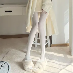 Medias de terciopelo blanco lechoso para mujer, pantimedias anti-enganches para otoño.