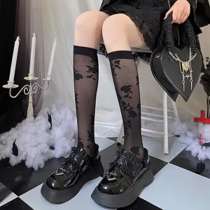 Women Ultra-Thin Rose Pattern Calf Socks Sheer Vintage JK Style Polyester Knee High Socks Retro Summer Breathable Hosiery