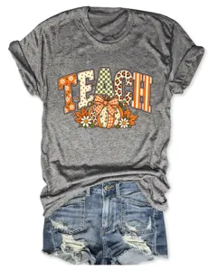 Casual grijs pompoen print korte mouw ronde hals t-shirt voor dames dagelijkse stijl