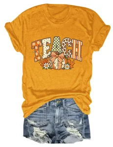 Dames casual ronde hals korte mouw T-shirt herfst teach pompoen print top outfit