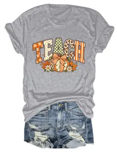 Vrouwen casual korte mouw t-shirt grijs teach pompoen herfst grafische top shorts