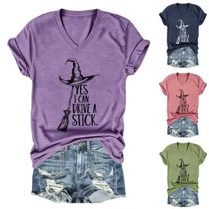 Stylish Women V-Neck Short Sleeve T-Shirt Graphic Print Casual Tee Tops Summer