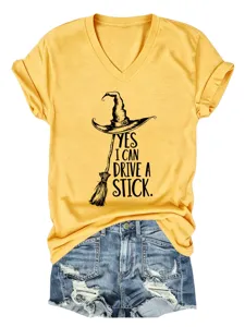 Women casual V-neck short sleeve yellow T-shirt with a funny witch quote graphic.