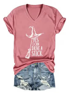 Close-up of the fun novelty graphic print, V-neck design, and soft fabric details.