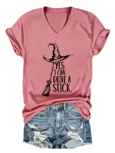 Casual women's pink V-neck short sleeve T-shirt with funny witch hat graphic and letter print.