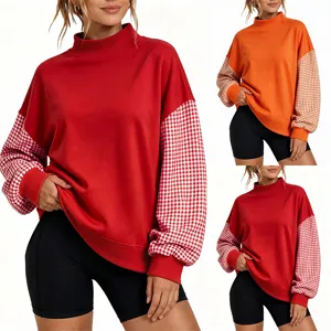 Women's Mock Neck Plaid Patchwork Long Sleeve Sweatshirt Casual Solid Pullover Top