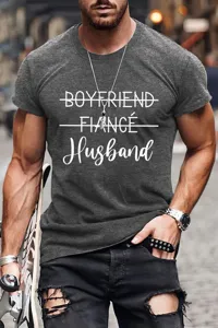 Detail view of stylish men's casual short sleeve t-shirt with funny letter print design.