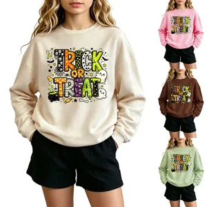 Lindo jersey de Halloween Trick or Treat de manga larga con cuello redondo casual top