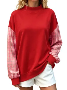 Details of women long sleeve colorblock plaid sweatshirt half high neck red casual top