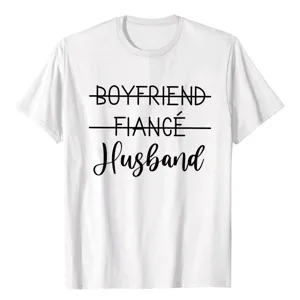 Detailed view of the white cotton graphic t-shirt featuring boyfriend fiance husband text print.