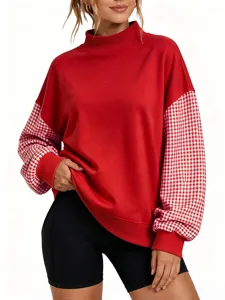 Women red mock neck sweatshirt with stylish plaid long sleeves casual daily top wear