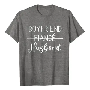 Close up of graphic t-shirt featuring boyfriend fiance husband text print for men casual wear.
