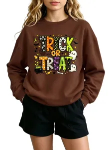 Lindo suéter gráfico de Halloween trick or treat sudadera casual marrón de manga larga top