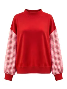 Women's half-high neck long sleeve sweatshirt with checkered contrast sleeves, solid red casual top.
