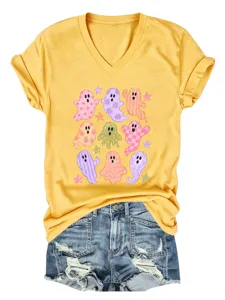 Γυναικείο casual T-shirt με V-neck κοντό μανίκι και χαριτωμένο σχέδιο φαντάσματος.