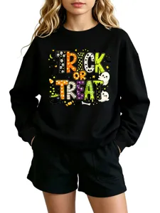 Sudadera negra informal linda de Halloween Trick or Treat con gráfico fantasma diario.
