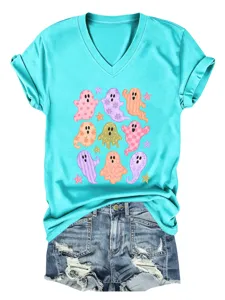 Γυναικείο T-shirt με V-λαιμόκοψη και κοντό μανίκι χαριτωμένο φάντασμα καλοκαιρινό top