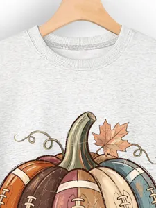 Casual autumn women sweatshirt featuring retro football pumpkin maple print pullover top
