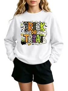 Sudadera casual blanca de manga larga con cuello redondo y estampado de Halloween.