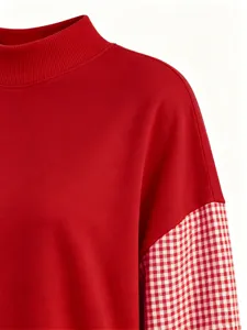 Women red mock neck long sleeve sweatshirt detail with cute checkered sleeves for autumn winter.