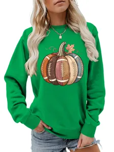 Women green crewneck sweatshirt featuring autumn football pumpkin graphic for daily wear.