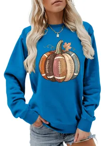 Women's blue crewneck sweatshirt featuring a football pumpkin autumn graphic print for casual wear.