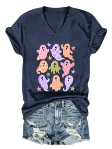 Casual γυναικείο T-shirt με V-neck και κοντό μανίκι με τύπωμα φάντασμα και αστέρι.