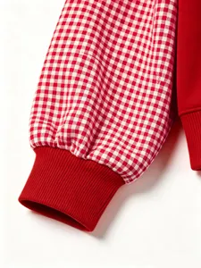 Red and white gingham plaid spliced long sleeve detail of women casual sweatshirt top.