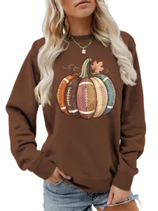 Women Autumn Long Sleeve Pumpkin Football Graphic Sweatshirt Casual Crewneck Pullover Top