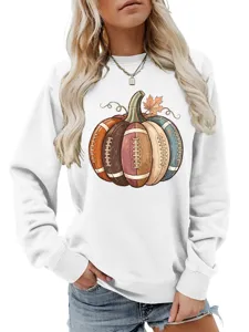 Women autumn winter football pumpkin graphic sweatshirt, casual long sleeve round neck top.