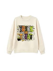 Sudadera beige de manga larga y cuello redondo con estampado gráfico de Halloween Trick or Treat.