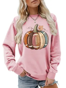 Women's cute football pumpkin print pink long sleeve sweatshirt casual autumn pullover top apparel