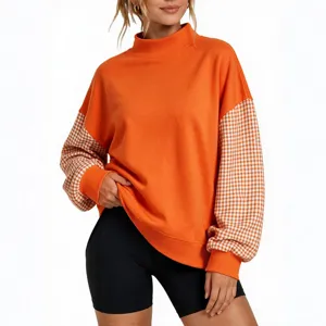 Women's mock neck colorblock sweatshirt casual long sleeve plaid spliced pullover top