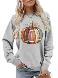 Women fall long sleeve gray sweatshirt with creative football pumpkin graphic casual top