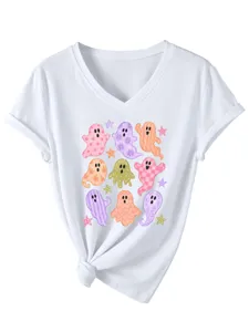 Ωραίο γυναικείο t-shirt με V λαιμόκοψη και στάμπα φάντασμα casual λευκό μπλουζάκι