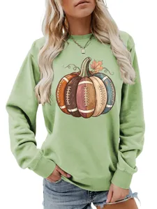 Women fall long sleeve sweatshirt green football pumpkin graphic casual crewneck top