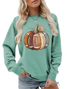 Women autumn crewneck sweatshirt featuring a creative football pumpkin graphic print design.