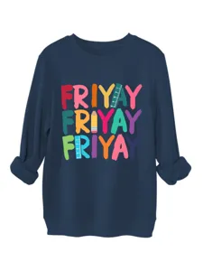 Sweatshirt pour femme bleu foncé confortable avec imprimé coloré Friyay et motif d'école.