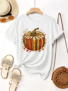 Damen lässig herbst kürbis buch print t-shirt kurzarm weiß baumwolle top stilvoll