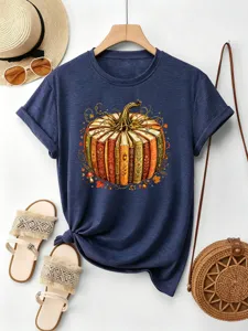 Bequemes damen casual kurzarm t-shirt mit herbst kürbis buch grafik druck muster.