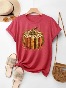 Damen Freizeit Kurzarm T-Shirt mit vintage Kürbis Buch Grafik für die herbstliche Freizeit.