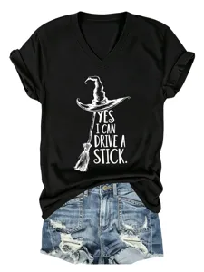 Black V-neck short sleeve t-shirt with funny witch graphic casual top for women and girls.