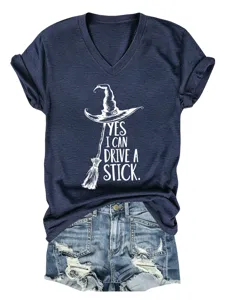 Women's V-Neck Short Sleeve T-Shirt Casual Funny Witch Broom Graphic Tee Dark Blue Top