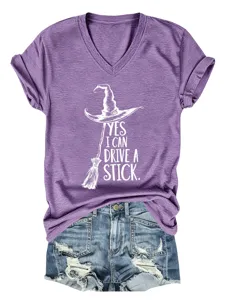 Casual purple V-neck short sleeve t-shirt featuring a funny witch quote graphic design.