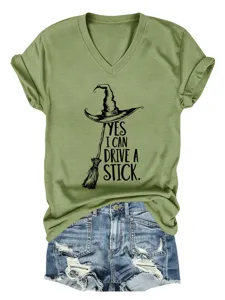 Olive green V-neck short sleeve t-shirt with funny witch hat graphic and letter print.